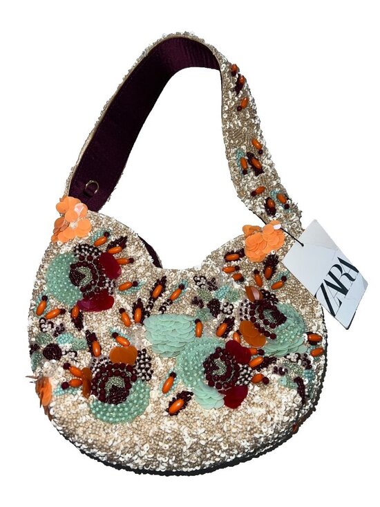 Zara Handbags - ZARA Womens Beaded Mini Bucket Bag Purse Sequined embellished Ecru 6587/510 NWT